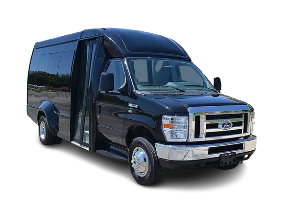 Front view of luxury shuttle bus for group transportation in Colorado